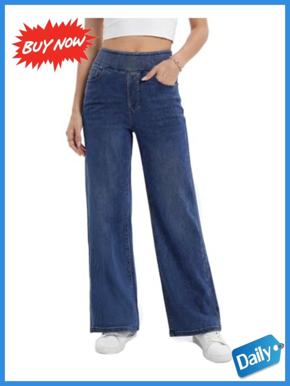 Wide Leg Pull On Jeans High Rise Stretchy Denim Pants Elastic Waist Tummy